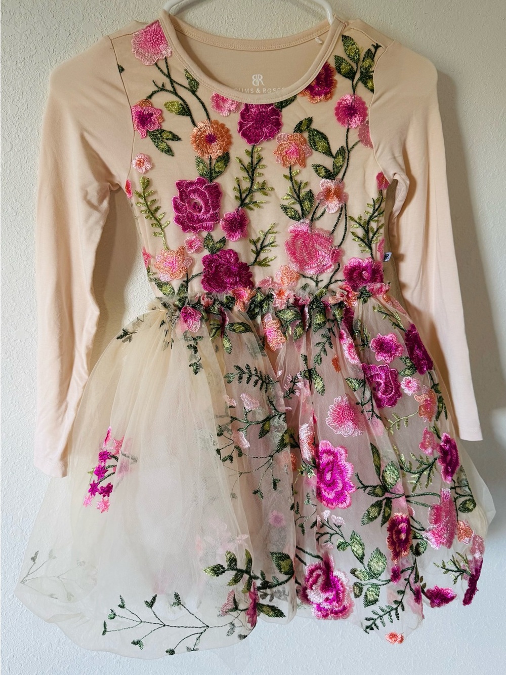 Bums and Roses Embroidered Pink Floral Tulle Dress for Girls Size 9/10 - Picture 2 of 4